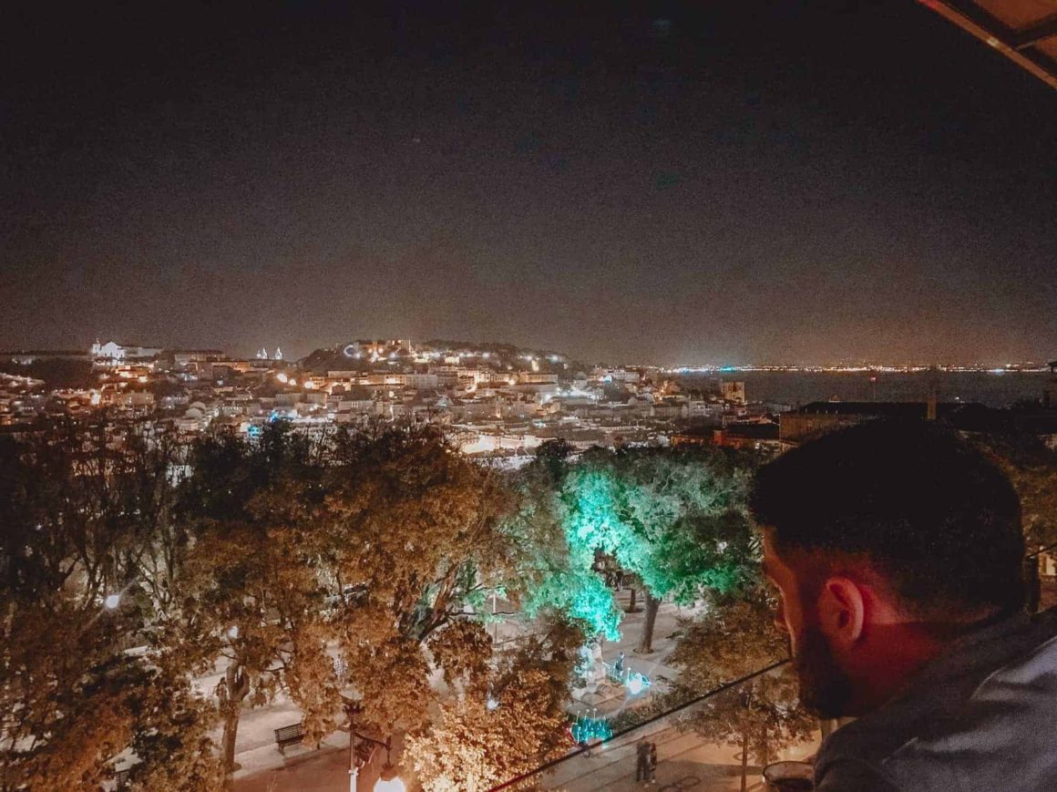 Night-time view across Lisbon with illuminated historic buildings, trees and the Tagus River in the distance.