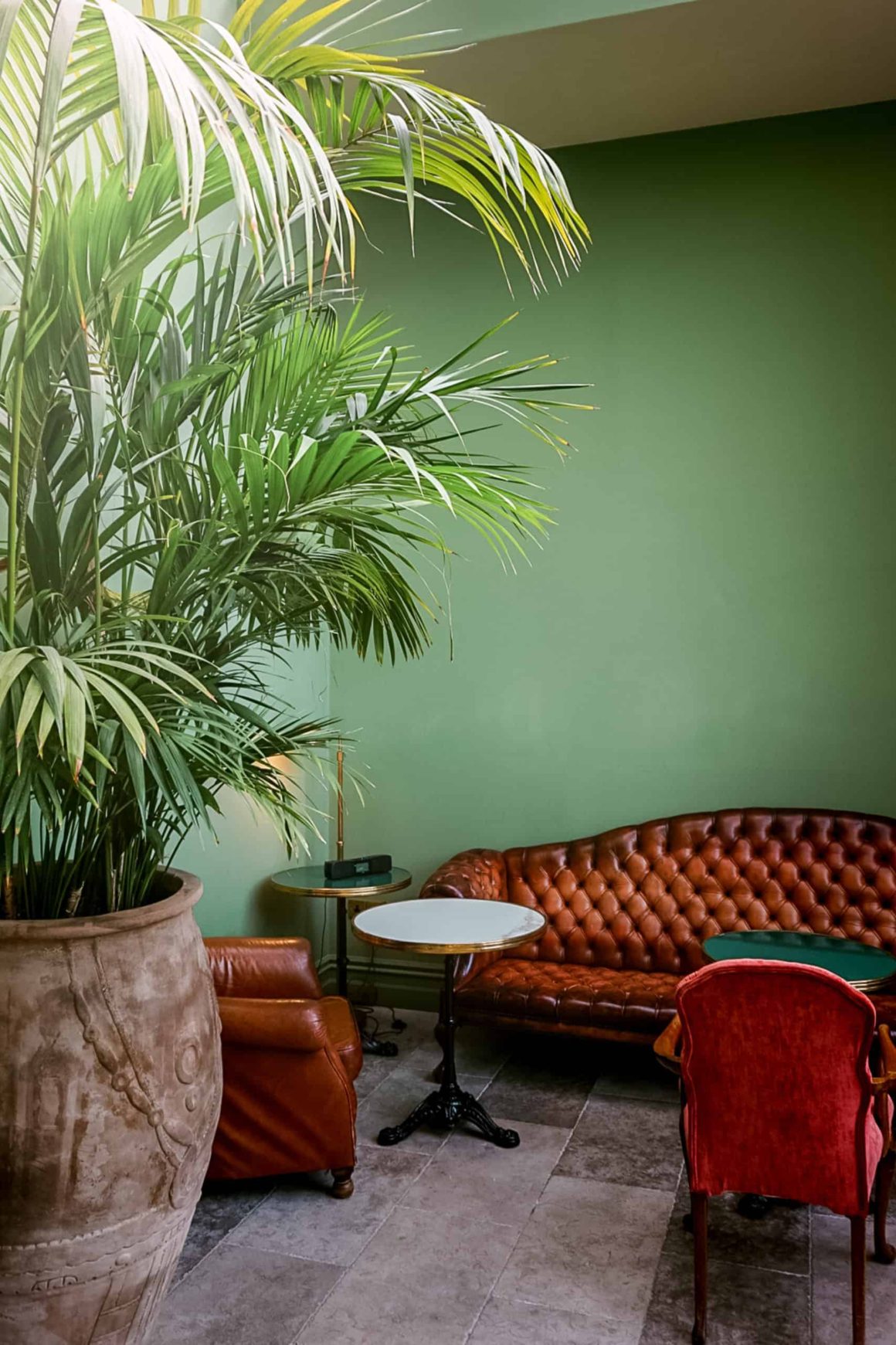 The Atrium lounge with large indoor plants, leather sofas and elegant seating at Cahernane House Hotel.