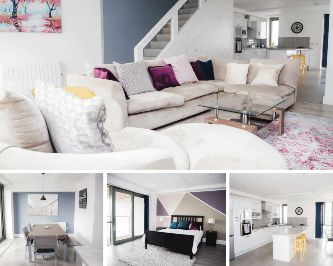 Spacious open-plan living room, dining area and kitchen inside a stylish holiday home in Killarney