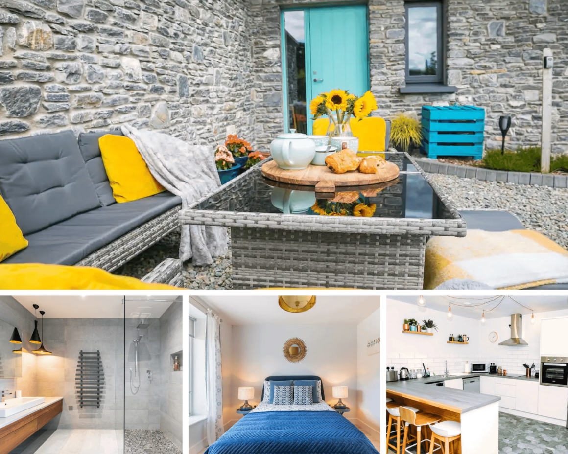 Modern outdoor patio with seating and breakfast setup at a stylish Airbnb in Killarney