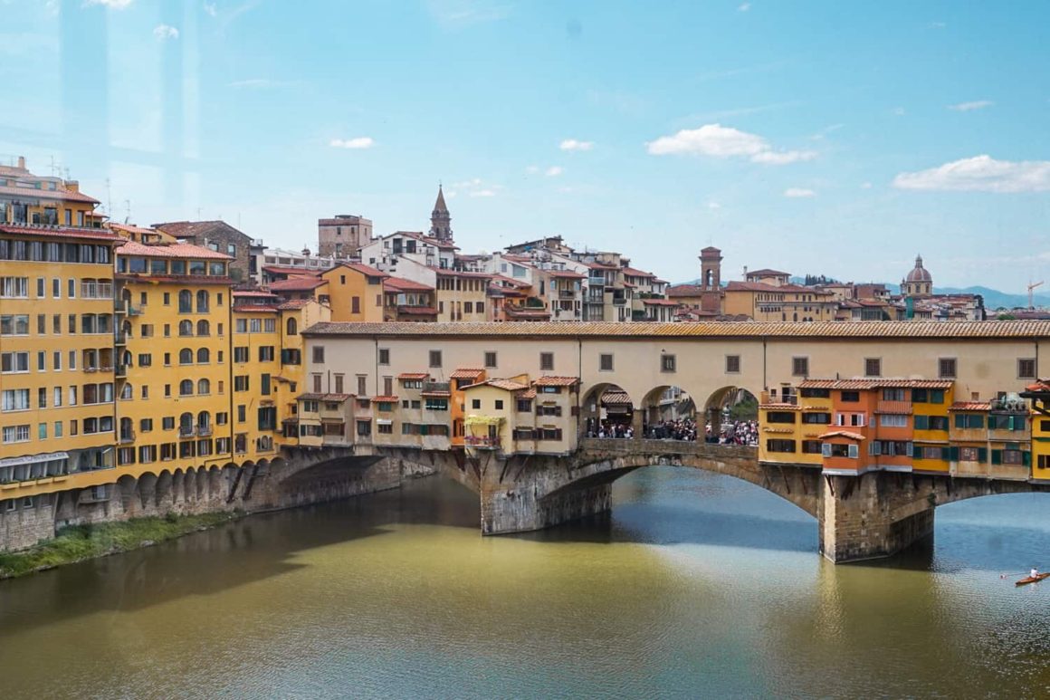 Panoramic view of the Ponte Vecchio crossing the Arno River in Florence