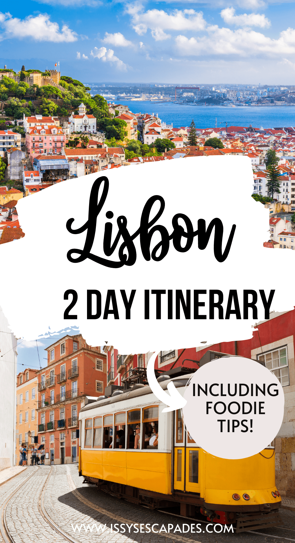 A view of the coastal town under bright skies and the city with tall red buildings and a tram passing by during 2 days in Lisbon
