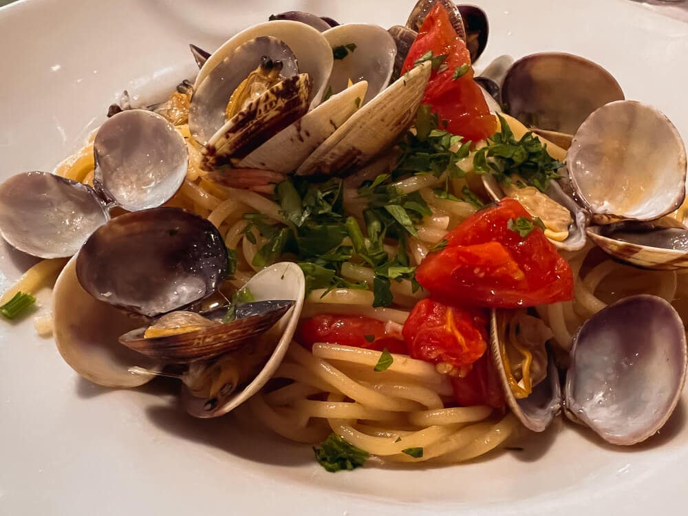 seafood pasta dish with tomatoes and mussels on amalfi coast