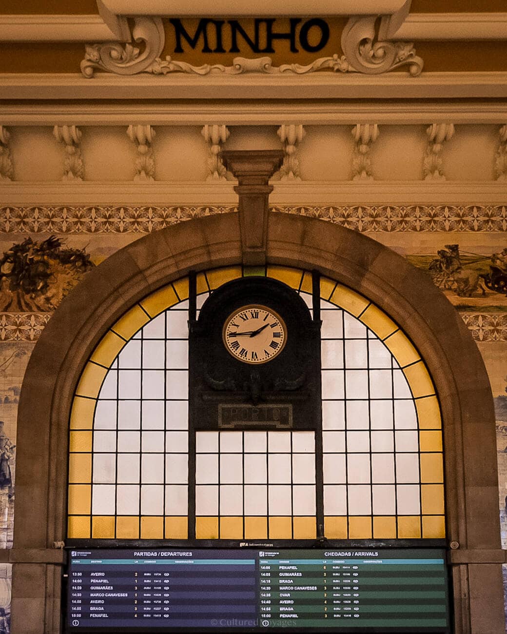 A clock with an old-fashioned design located at the Sao Bento train station in Porto