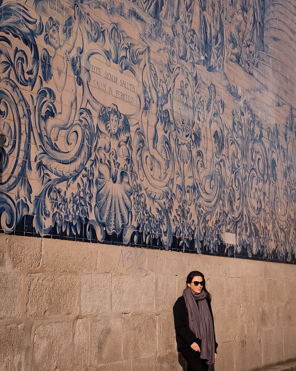 a person leaning on the azulejo panels with blue murals and intricate details