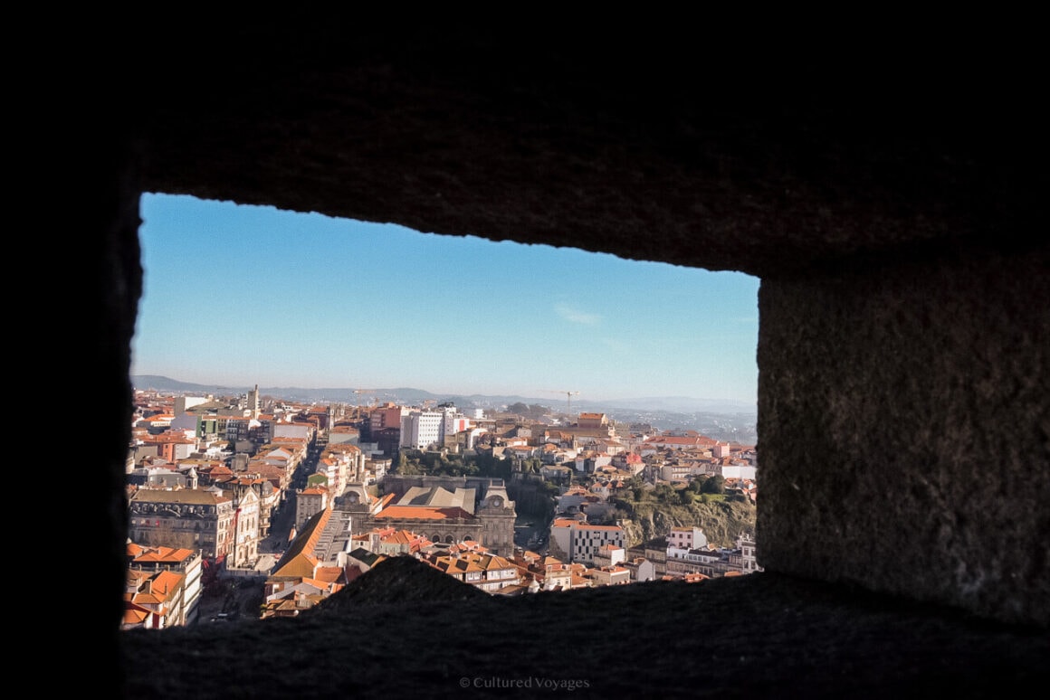 aerial view of the Porto city through stone window