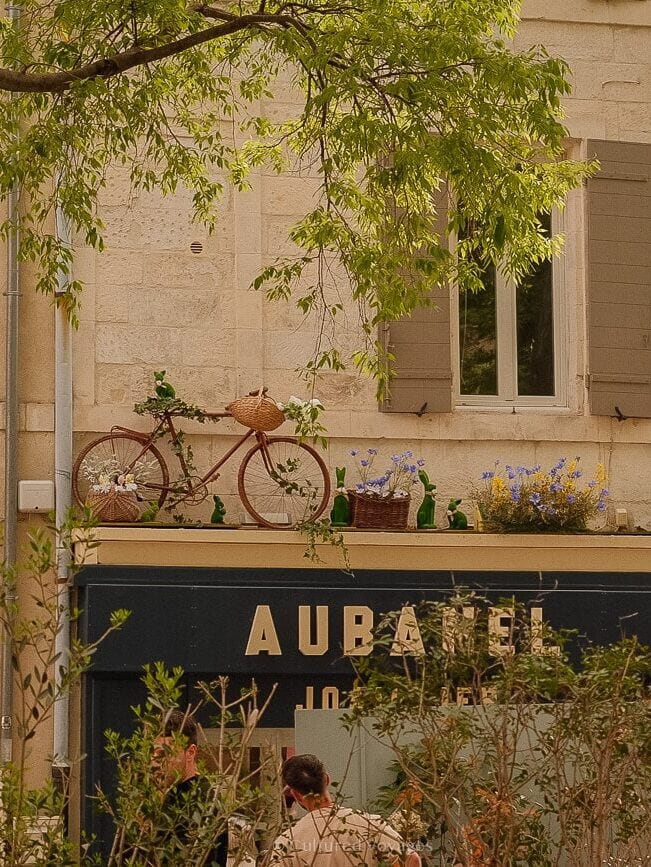 A black store with colorful flower baskets and a bicycle on the awning. The upper floor has a window with wooden shutters. A tree branch with leaves hangs in the foreground.