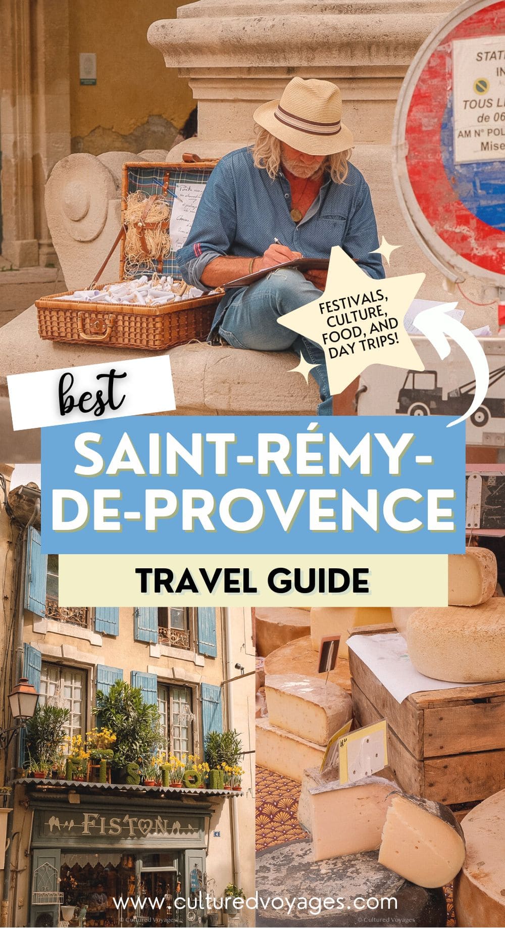 Things to Do in St Remy de Provence pinterest pin cover, A street artist sits beside a wicker suitcase filled with rolled papers in Saint-Rémy-de-Provence, with local cheese displays and charming Provençal architecture in the background.