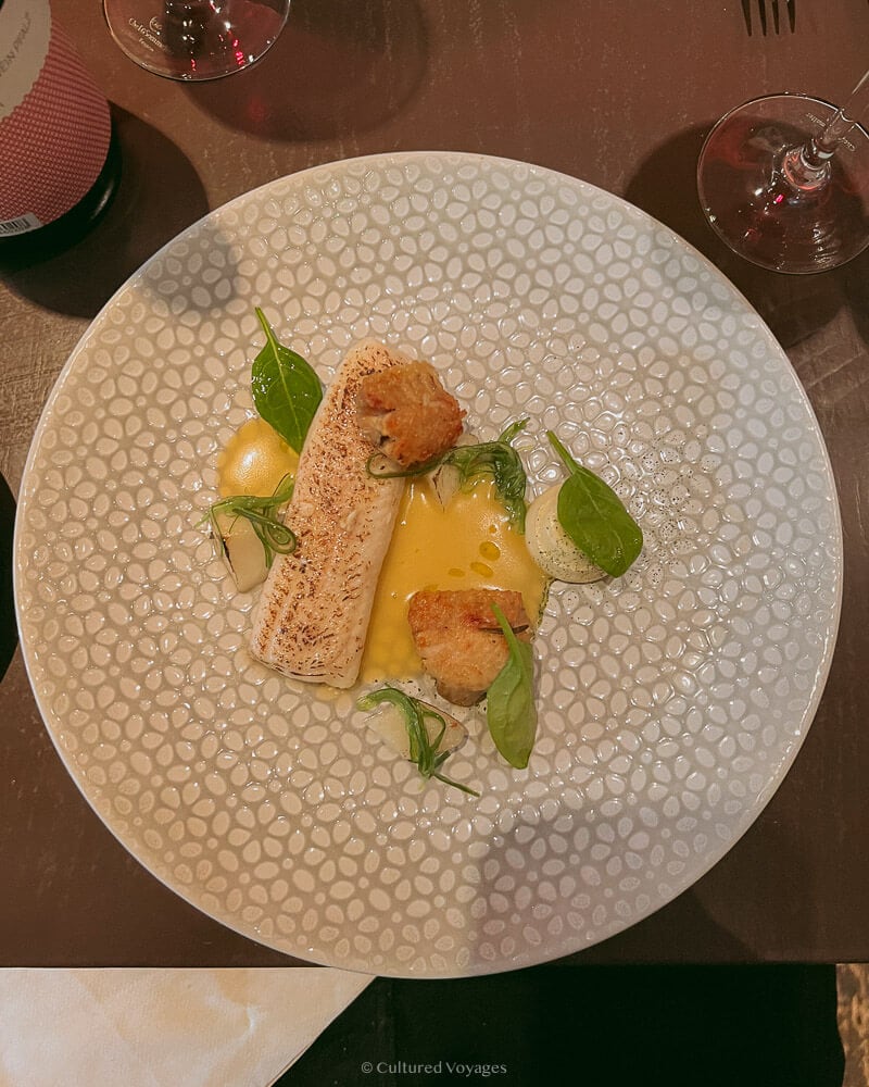 artfully plated white fish, with a butter sauce and embellishment at dublin bistro Richmond