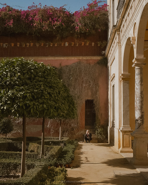 A person sitting at the back on a short staircase of a narrow doorway with a wall covered with vines, while a garden with hedges and small trees can be seen in the foreground, and pink flowers can be seen on the roof. Wondering how many days in Seville? Discover the tranquil beauty and hidden gems of this city.