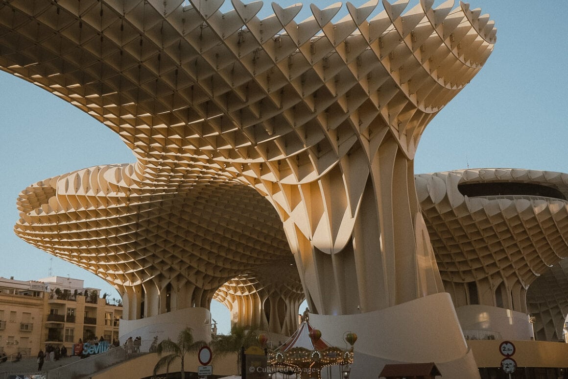 Modern wooden structure resembling mushrooms under the clear blue skies with some yellow buildings in the background.