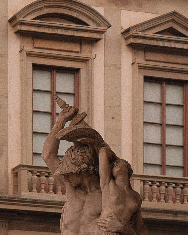 Close-up of the Perseus and Medusa statue in Florence, depicting Perseus holding Medusa's head.