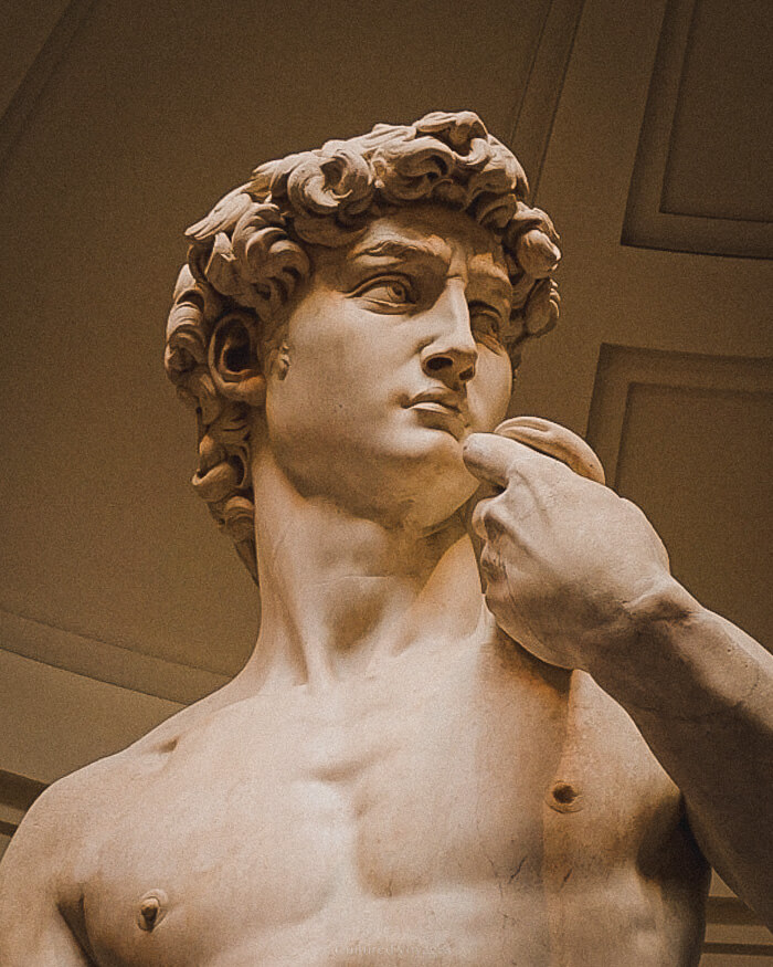 A close-up of the statue of David's face, with his hand resting near his chin, capturing the intricate details and expression of the famous sculpture.