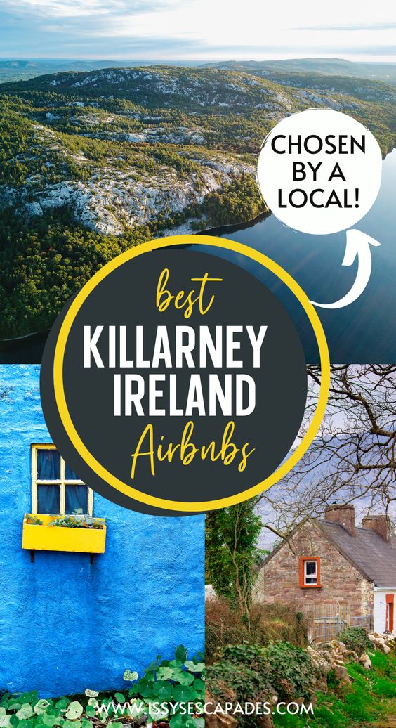 best Airbnbs in Killarney pinterest pin cover, a close-up of a quaint red-trimmed window with lace curtains and a small flower pot holding vibrant red blooms, set against a rustic white stone wall. Below, there is a shaded pathway lined with trees, leading to a grand historic estate in the distance, with a person cycling along the path.