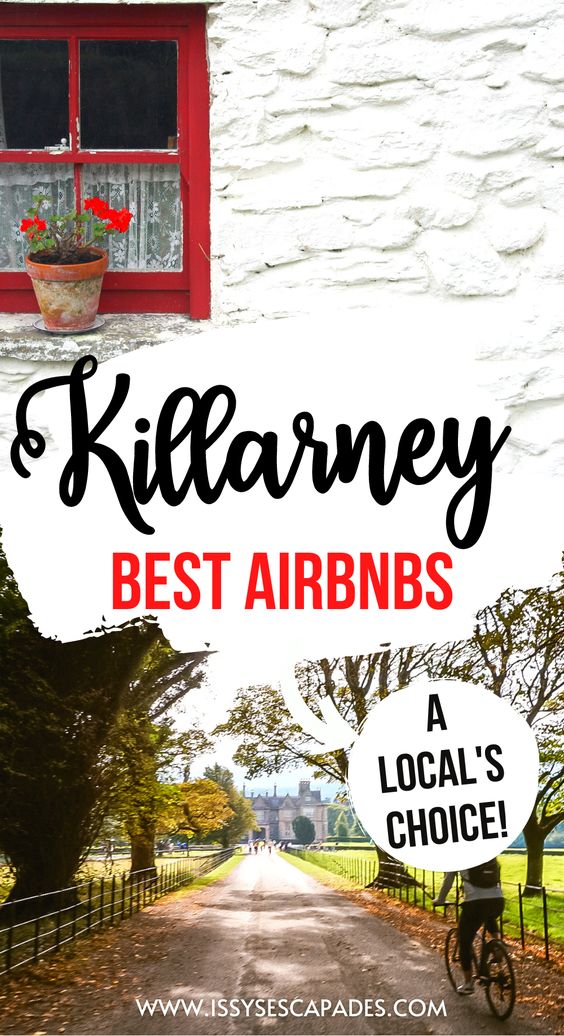 where to stay in Killarney Ireland pinterest pin cover, The main portion shows an aerial view of a rugged mountainous landscape covered in dense greenery, overlooking a body of water. At the bottom, there are two smaller images: one of a bright blue wall with a yellow flower box under a window, and another of a charming stone cottage surrounded by winter trees.
