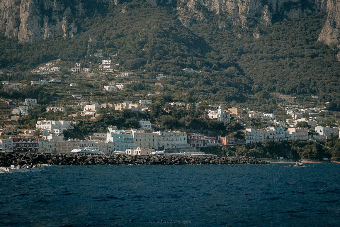 The coastline of a picturesque village nestled on a hillside, with pastel-coloured buildings and lush vegetation, seen from the water.
