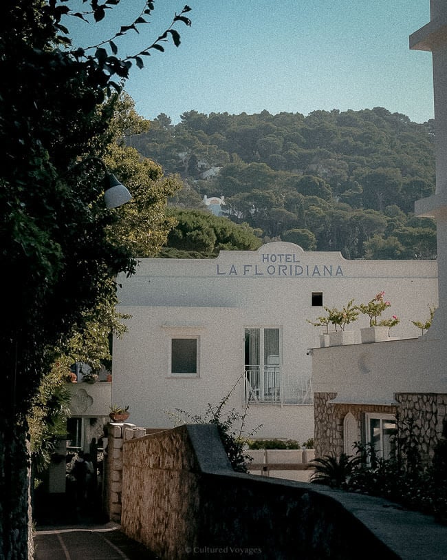 A quaint white hotel with "Hotel La Floridiana" written on its facade, nestled among dense green hills, seen from a stone pathway.
