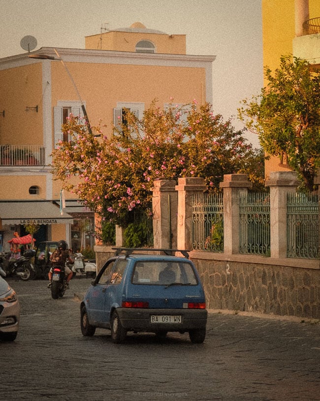 A small blue car parked near a stone fence adorned with blooming hibiscus trees in a quaint town square on Procida Island, surrounded by golden evening light.
