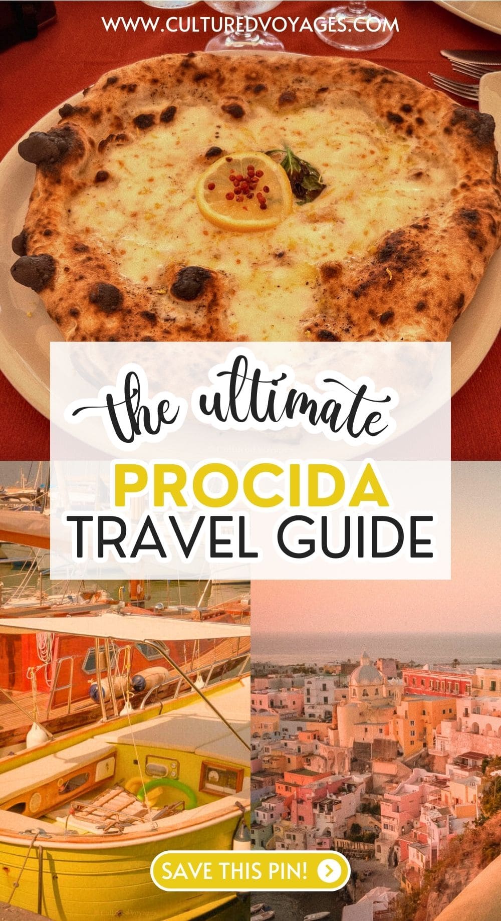 Travel Guide Procida pinterest pin cover, A collage showcasing Procida's highlights, featuring a close-up of a wood-fired pizza topped with melted cheese and a lemon slice, a yellow wooden boat docked at a marina, and an aerial view of the island's pastel-coloured buildings at sunset.