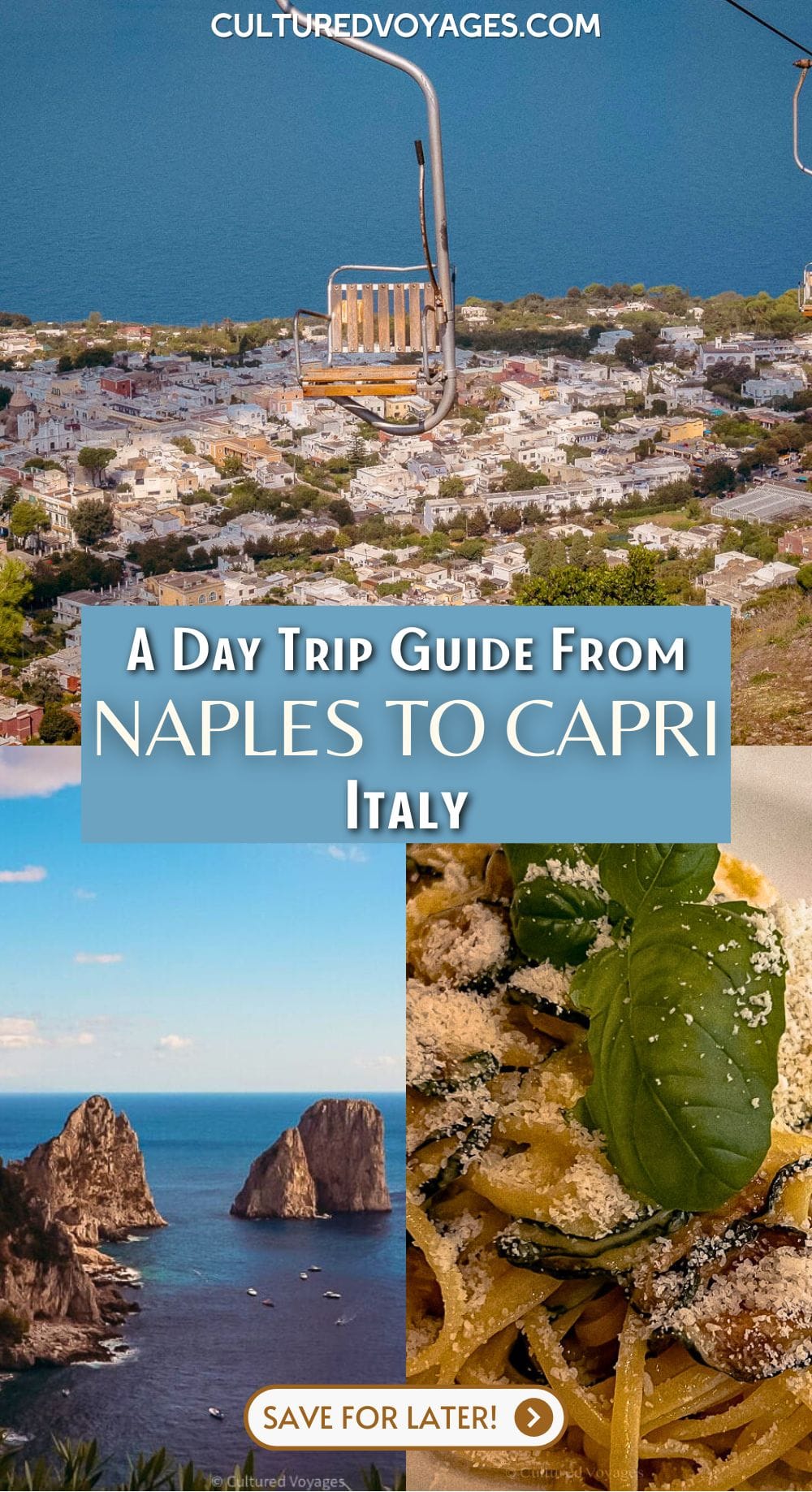 Day Trip to Capri from Naples pinterest pin cover, A scenic chairlift suspended over a hillside town. The town's white and pastel-coloured buildings lead down to the blue sea, creating a serene coastal backdrop.