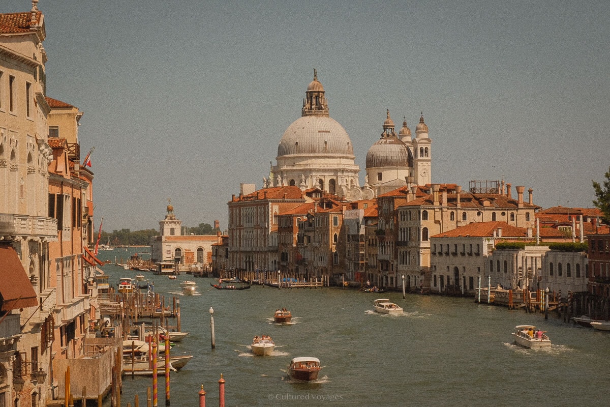 Boats on Venice’s Grand Canal, with Santa Maria della Salute beyond.