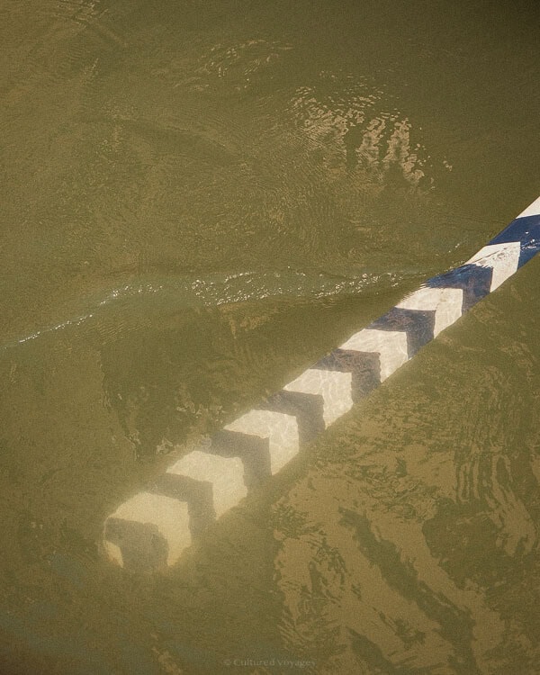A close-up of murky green canal water in Venice, with a partially submerged striped mooring pole featuring a blue-and-white zigzag pattern. Gentle ripples distort the reflection, creating an abstract, painterly effect.