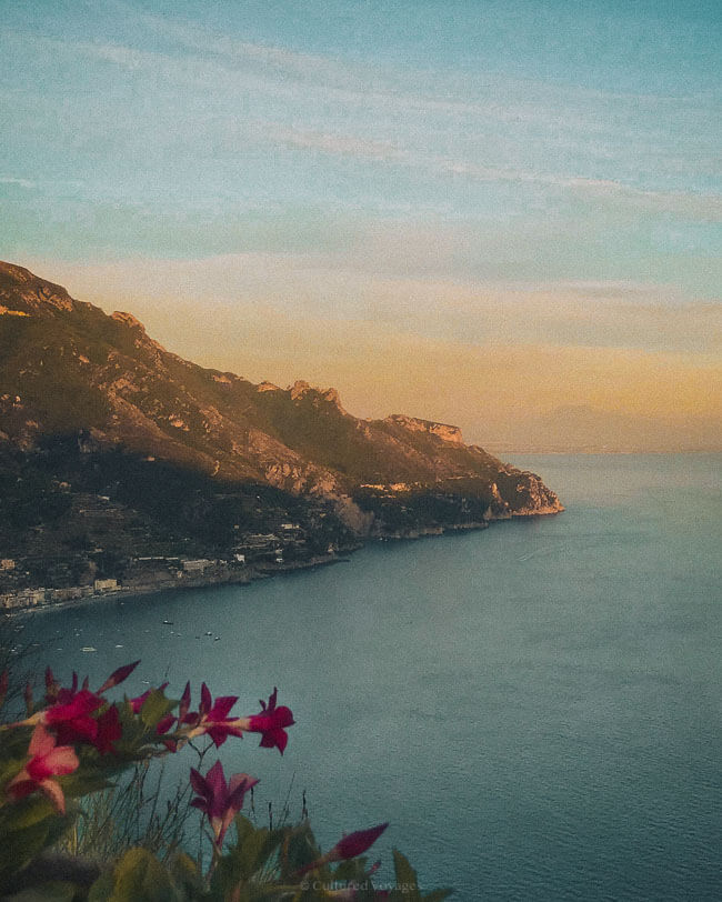 A pastel-hued sunset bathes the cliffs and coastline in warm light, with pink flowers in the foreground overlooking the sea near Ravello.