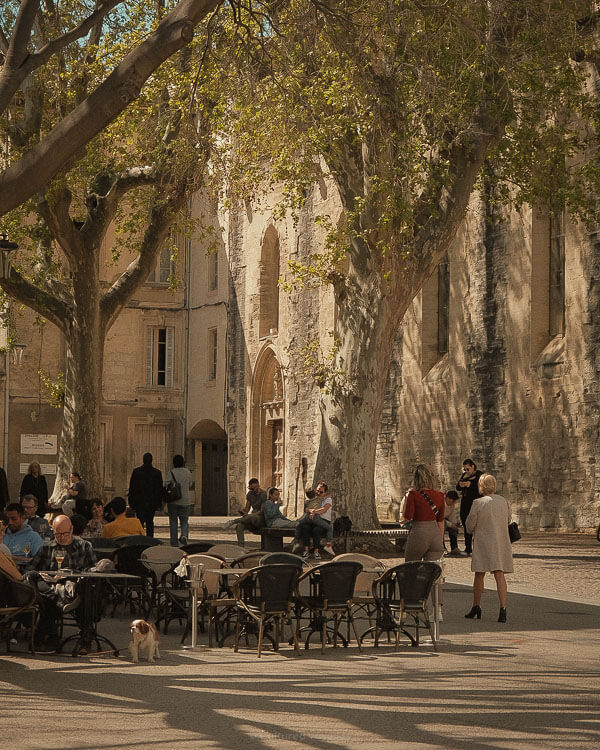 A peaceful square in the shade of large plane trees, where locals and visitors sit at café tables outside a historic stone building.