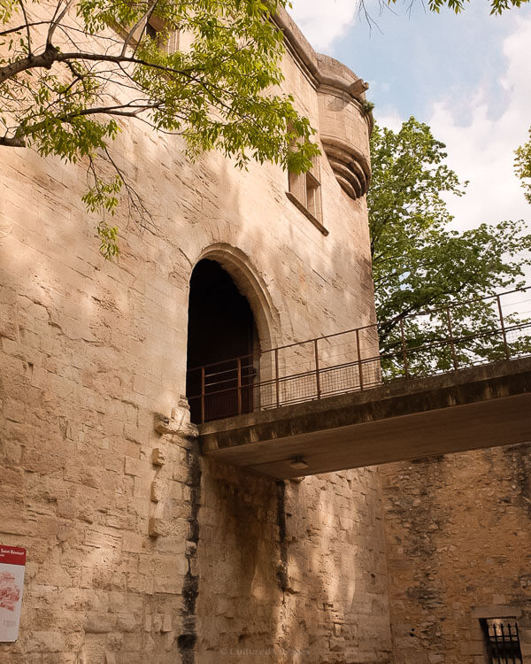 Stone bridge leading to a medieval archway entrance of Avignon's fortification, surrounded by trees and ancient limestone walls, hinting at the city's defensive past.