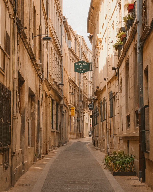 A narrow alleyway in the old town of Avignon, flanked by historic limestone buildings, with a green "Hôtel de Blauvac" sign hanging above the cobbled path.