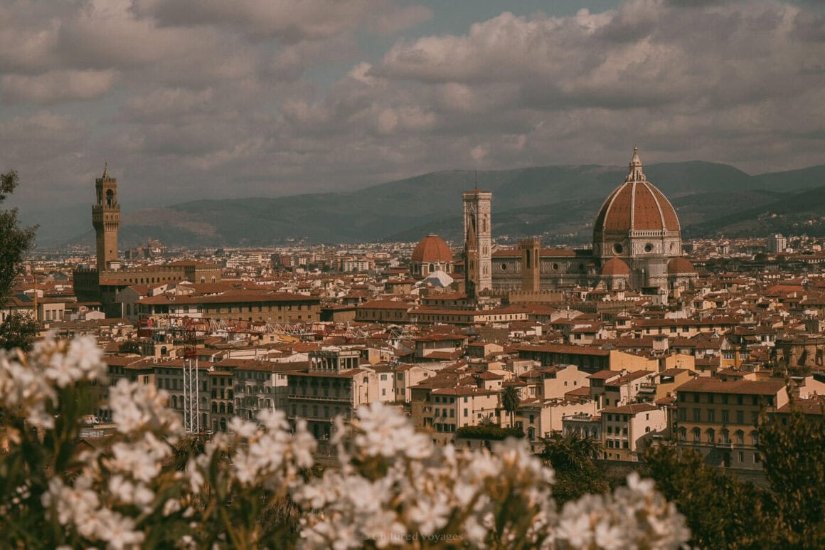 Panoramic view of Florence with the Duomo and Palazzo Vecchio rising above terracotta rooftops, framed by blooming white flowers in the foreground.