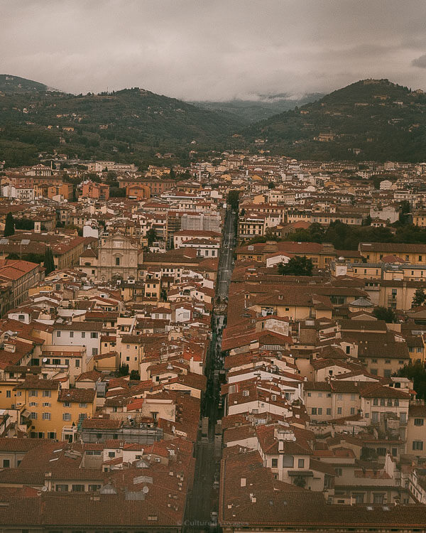 Panoramic perspective of Florence's rooftops and long streets leading into the Tuscan hills, representing the best time to visit Florence for sweeping city views.