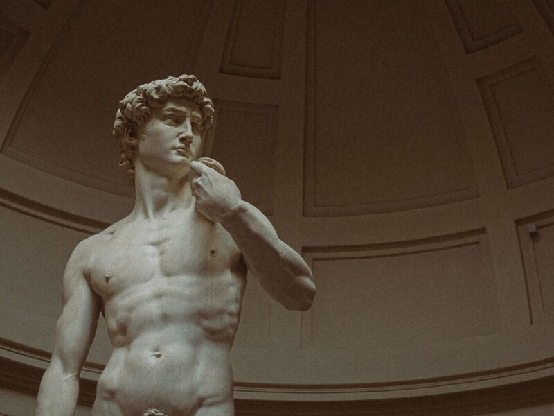 Michelangelo’s David beneath the gallery ceiling at the Accademia in Florence.