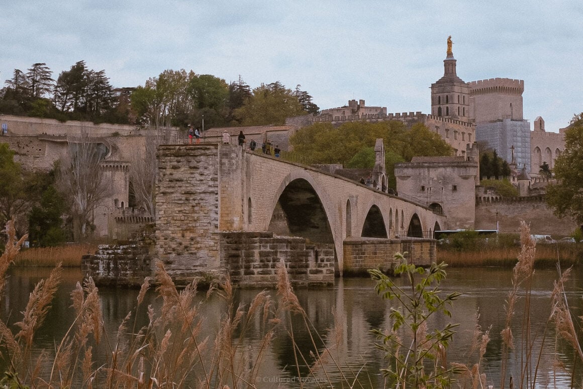 The iconic Pont Saint-Bénézet bridge stretching across the Rhône River with Avignon’s papal palace in the background on a cloudy afternoon