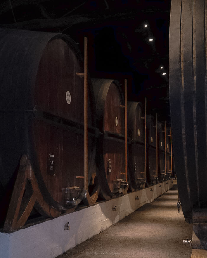 Rows of giant wooden barrels storing port wine in a dimly lit cellar, a staple of Porto’s rich winemaking heritage.