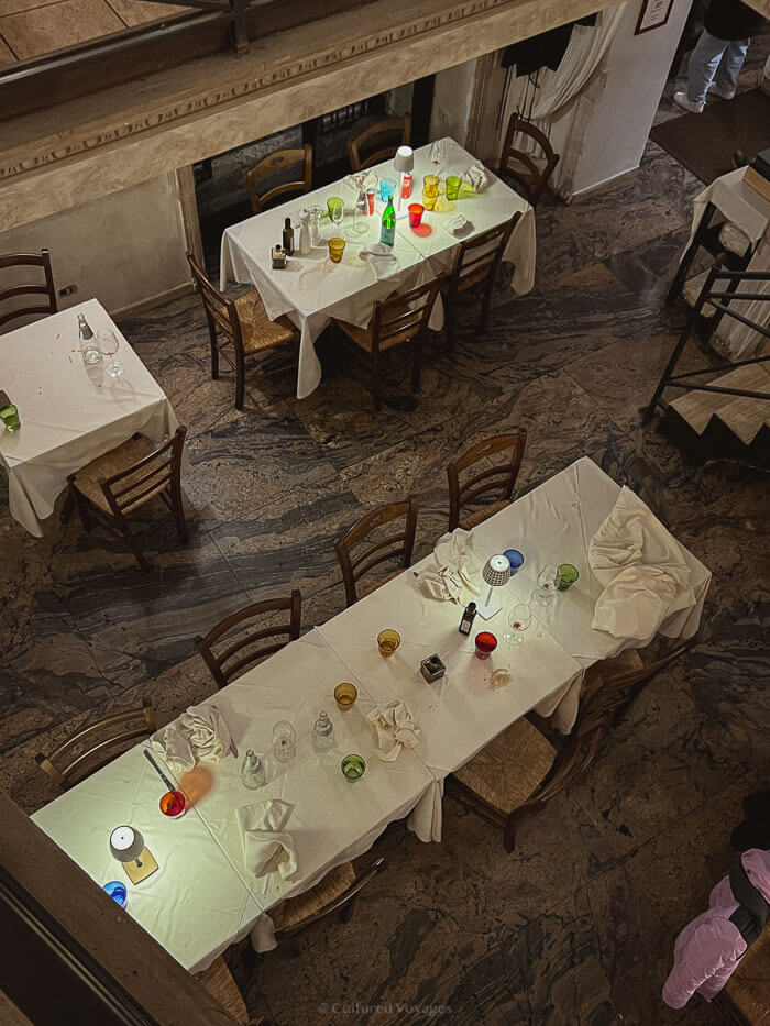 A warmly lit restaurant interior with neatly set tables, showcasing Italy’s inviting dining culture during the cooler months.