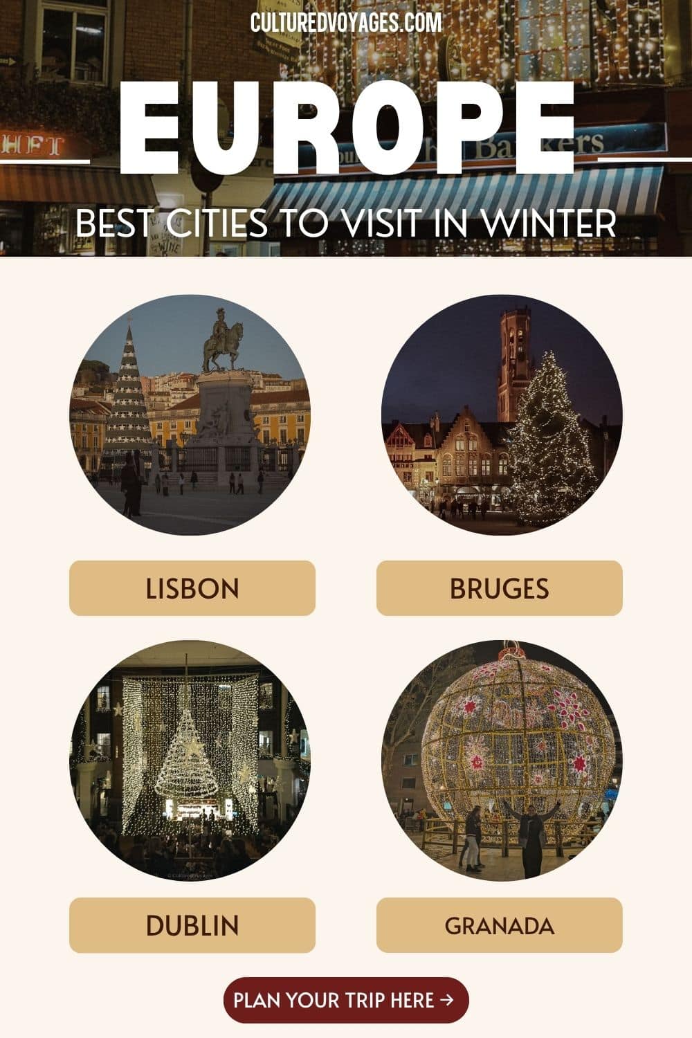 European Cities to Visit in Winter pinterest pin cover, A curated guide featuring four magical destinations — Lisbon, Bruges, Dublin, and Granada — each beautifully lit with festive decorations, representing some of the best European cities to visit in winter for cosy holidays and unforgettable travel experiences.