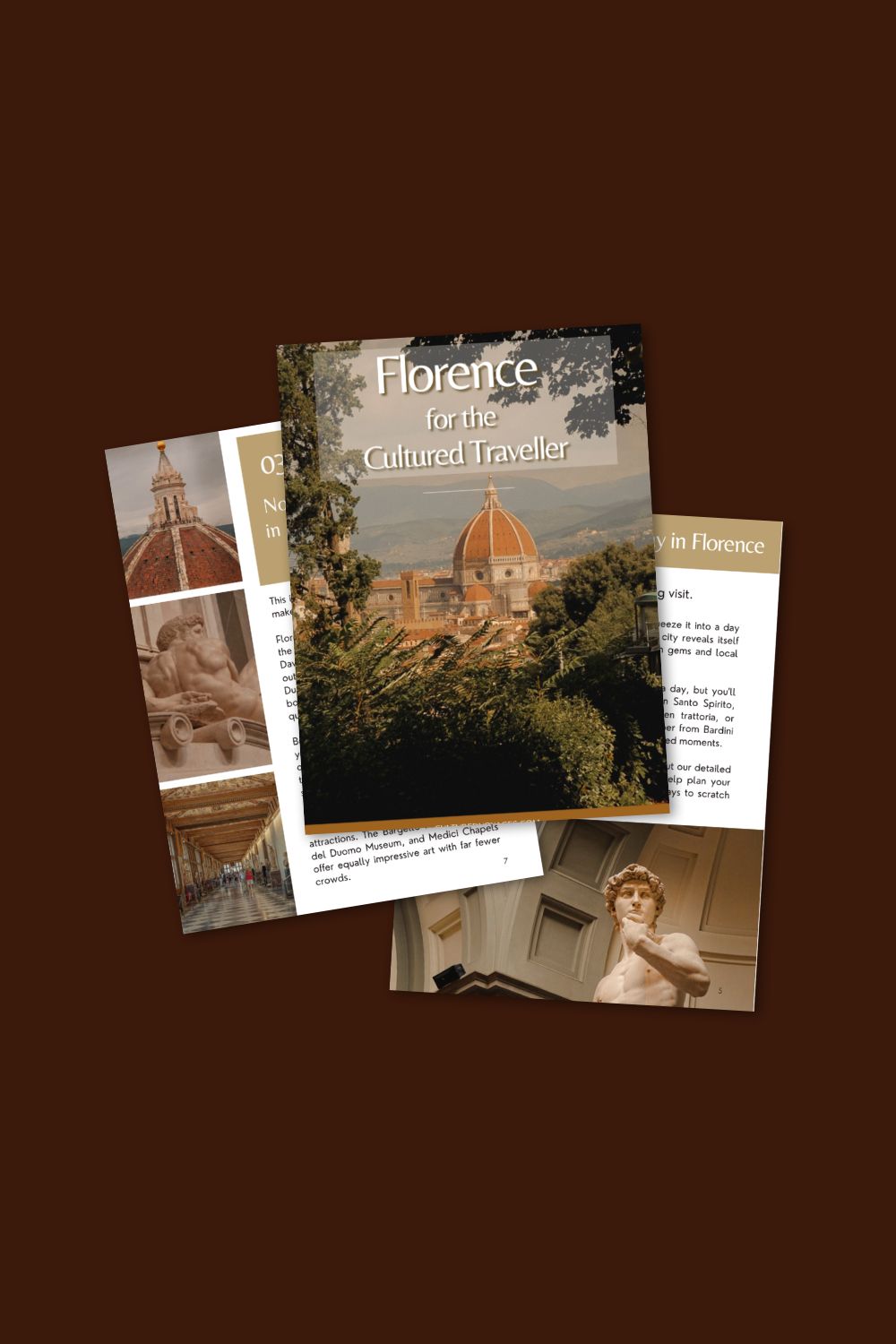 Florence for the Cultured Traveller guide displayed as a flatlay against an espresso background, its cover showing the Duomo and pages fanned out beneath it