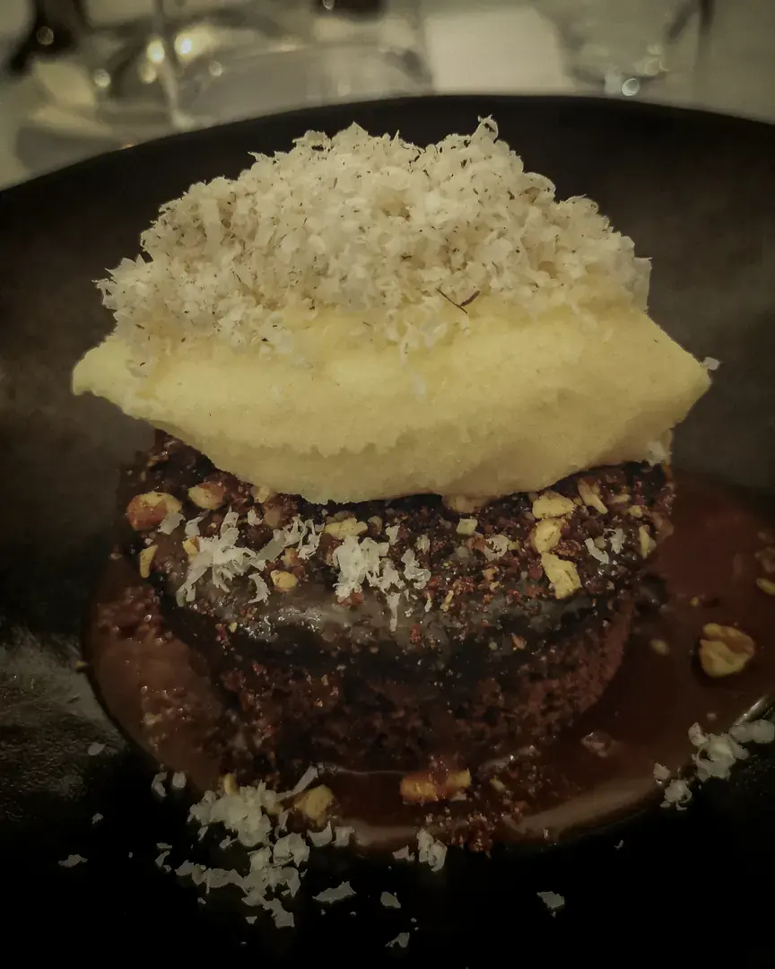 Chocolate dessert topped with cream and grated coconut