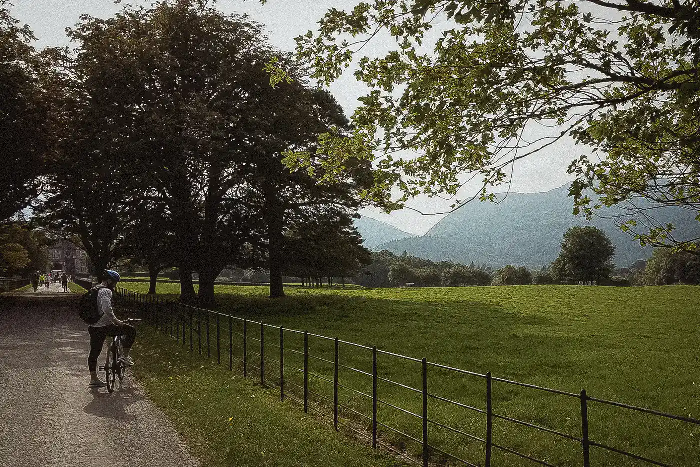 Cyclist on a path beside parkland and railings in Killarney National Park, mountains beyond