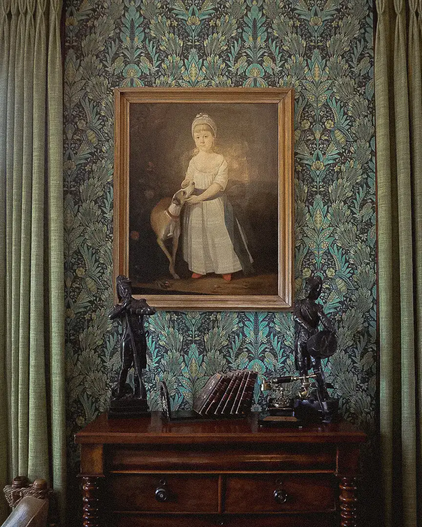 Oil portrait of a girl with a greyhound above a wooden chest, framed by green curtains