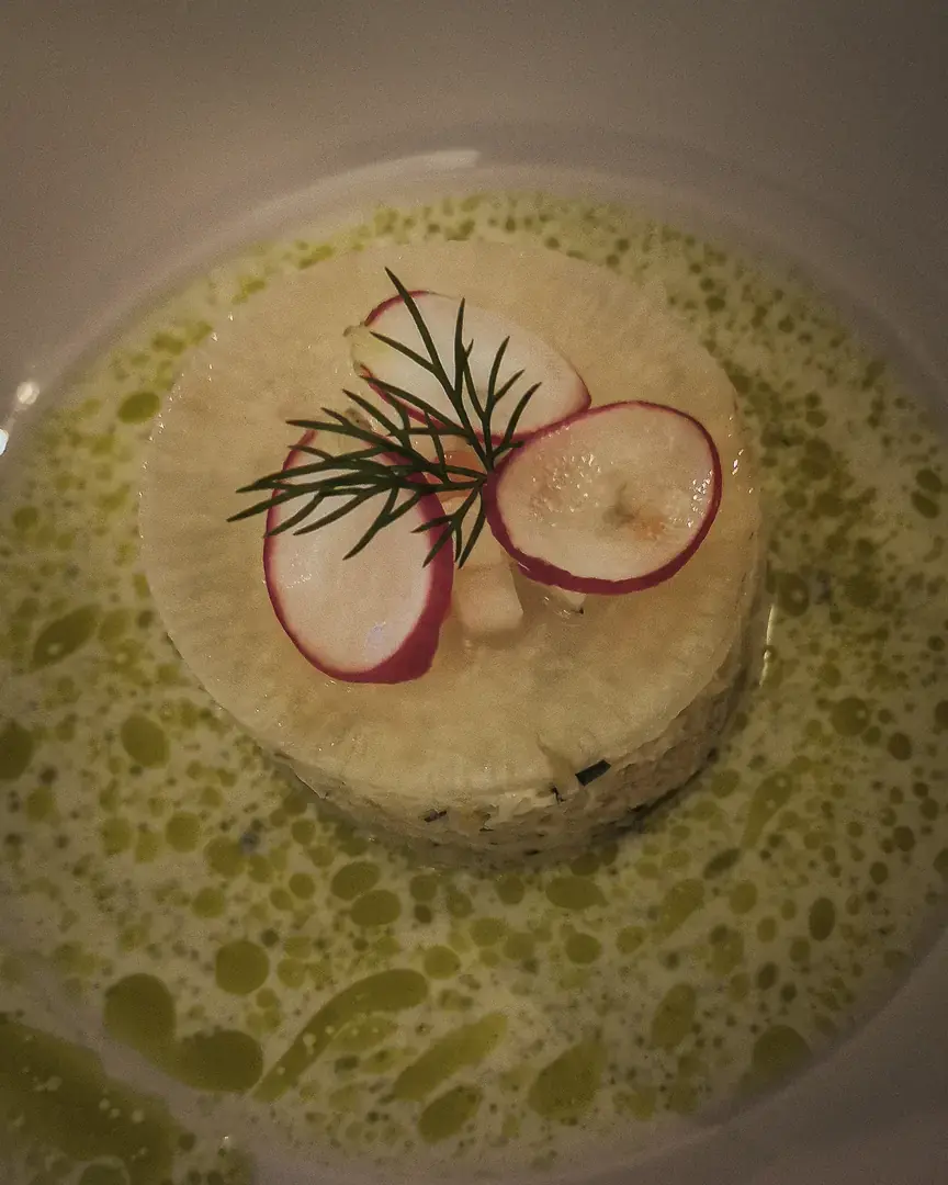 Starter topped with radish slices and dill in a pool of herb oil